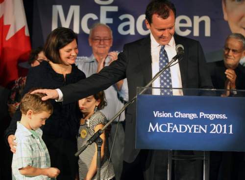 JOE BRYKSA / WINNIPEG FREE PRESS
Hugh McFadyen acknowledges his wife, Jennifer, and children, James and Rachael, in his concession speech Tuesday night.