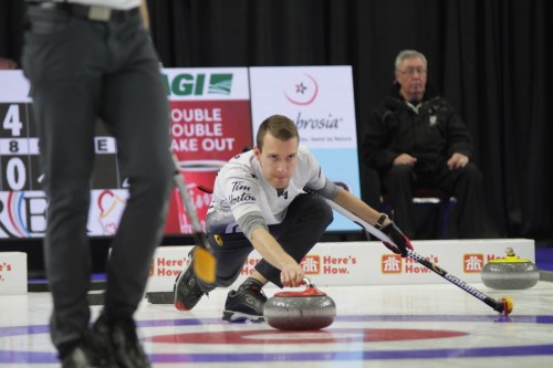 Thomas Friesen/The Brandon Sun
Brendan Bottcher of Team Wild Card delivers a stone against Team Canada in the Tim Hortons Brier 3-vs.-4 Page playoff game at Westoba Place on Saturday.