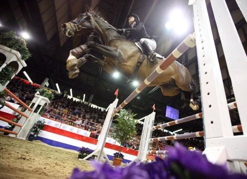 Tamie Phillips of Strathmore, AB, leaps over an obstacle atop Santos during her run at  the MTS Allstream Grand Prix at the Royal Manitoba Winter Fair in Brandon. (Tim Smith/Brandon Sun)