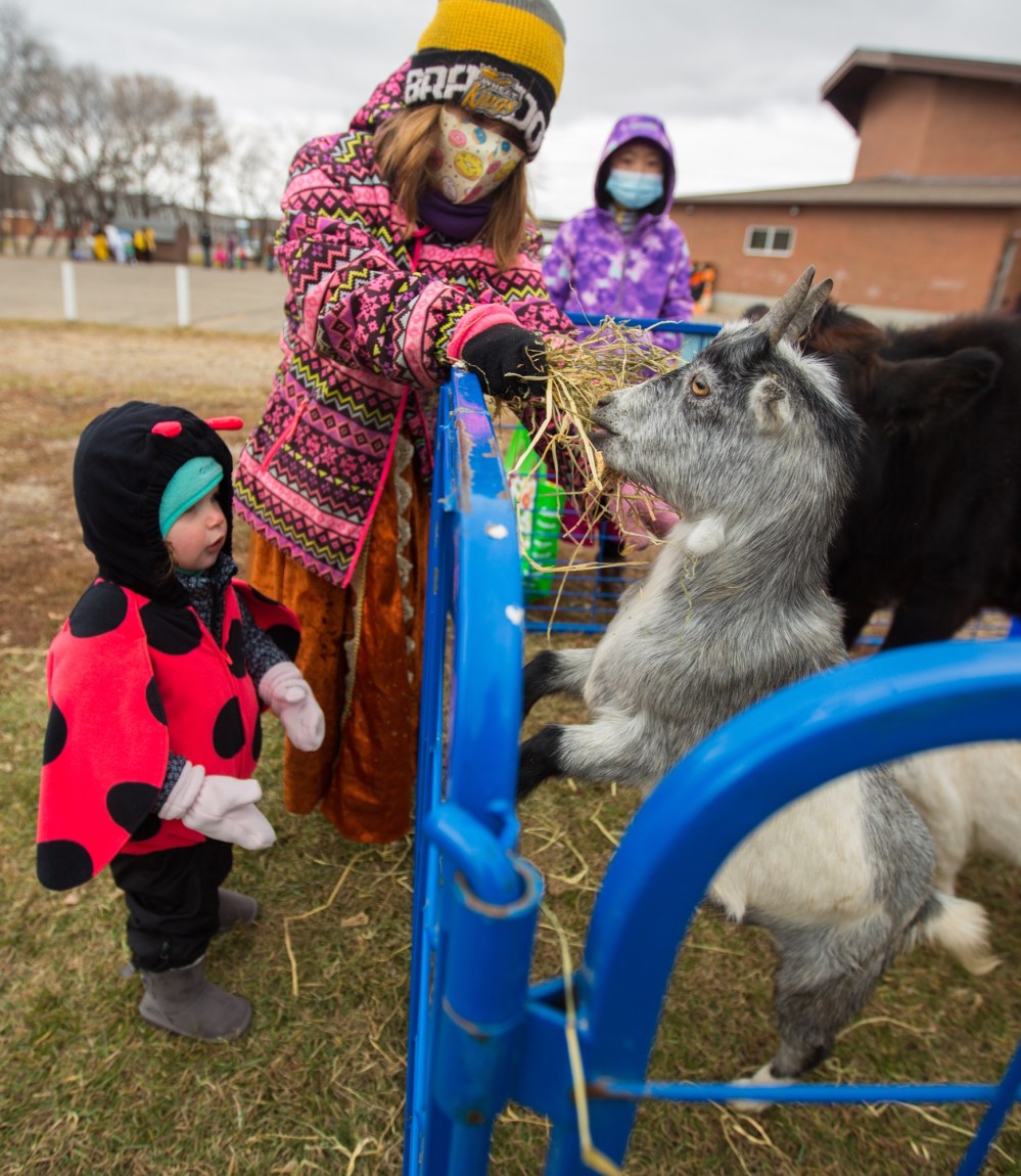 Ellie Findlay, 17 months, and Zoey Peters, 8, feed goats at the Calvary Temple Halloween Fun Stop Sunday. The event celebrated the spooky season with candy, games, a petting zoo and free barbecue.(Chelsea Kemp/The Brandon Sun)