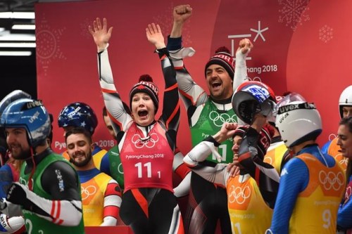 Team Canada celebrate their silver medal in Luge team relay finals in at the 2018 Olympic Winter Games in Pyeongchang, South Korea, on Thursday, February 15, 2018. The team of singles sliders Alex Gough and Sam Edney and doubles duo Tristan Walker and Justin Snith raced to silver in a time of two minutes 24.872 seconds. THE CANADIAN PRESS/Jonathan Hayward