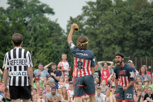 Andrew Nguyen
Team USA beater Michael Duquette (right) screams after seeker Margo Aleman catches the snitch. The catch would later be deemed “no good” by the head referee during the finals of the IQA Quidditch World Cup in Frankfurt, Germany.