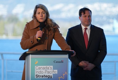 Minister of Foreign Affairs Melanie Joly, front left, responds to questions as Minister of Public Safety Marco Mendicino listens during a news conference to announce Canada's Indo-Pacific strategy in Vancouver on Sunday, Nov. 27, 2022. Agriculture commodity groups are applauding the Liberal government’s long-awaited Indo-Pacific strategy and hoping it will lead to more, and better, free trade deals. THE CANADIAN PRESS/Darryl Dyck