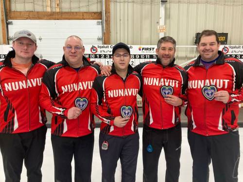 Brandon’s Sheldon Wettig, second from right, poses with teammates Christian Smitheram, left, Terry Lichty, Brady St. Louis and Jake Higgs after they won the Nunavut men’s curling playdowns in Iqaluit last weekend. (Photo courtesy Nunavut Curling Association)