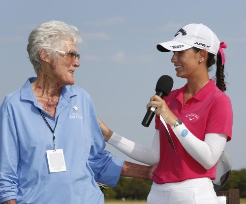 FILE - All time winningest professional golfer, Kathy Whitworth, left, congratulates Cheyenne Knight after Knight won the LPGA 2019 Volunteers of America golf tournament, Oct. 6, 2019, at Old American Golf Club in The Colony, Texas. Former LPGA Tour player Whitworth, whose 88 victories are the most by any golfer on a single professional tour, died on Saturday, Dec. 25, 2022, night, her longtime partner said. She was 83. (AP Photo/David Kent, File)