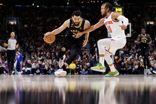 Toronto Raptors guard Fred VanVleet (23) dribbles against New York Knicks guard Jalen Brunson (11) during first half NBA game action in Toronto on Friday, Jan. 6, 2023. THE CANADIAN PRESS/Cole Burston