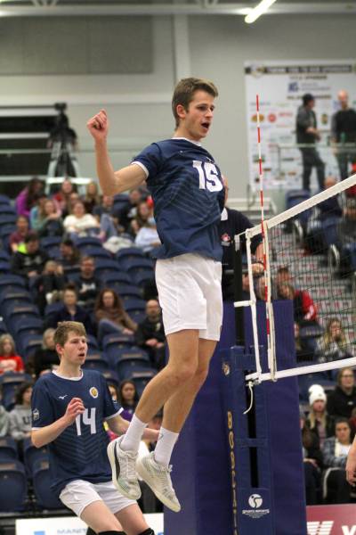 Brandon Bobcats middle blocker Philipp Lauter jumps to attack against the Winnipeg Wesmen in their Canada West men’s volleyball match at the Healthy Living Centre on Friday night. (Thomas Friesen/The Brandon Sun)