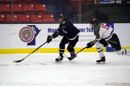 Josh Romanik of the Vincent Massey Vikings skates past Carter Lee of the Glenlawn Lions during Sunday's matchup between the two sides at Westoba Place. (Lucas Punkari/The Brandon Sun)