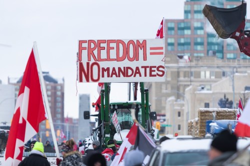 The so-called freedom convoy protest occupied the grounds in front of the Manitoba legislature earlier this year. (Winnipeg Free Press)