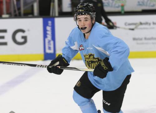 Brandon Wheat Kings forward Tony Wilson, shown at practice at Westoba Place on Monday, scored the first two goals of his tenure with the team — he was traded to Brandon on Nov. 24 — during victories in Saskatchewan last week. The Regina Pats visit this evening at 7 o'clock. (Perry Bergson/The Brandon Sun)