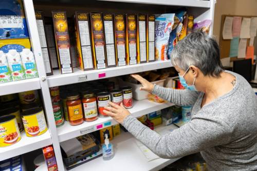 Minnedosa and Area Food Bank chairperson Carol Brown, photographed in the non-profit’s space in the United Church last year, said that thanks to generous community donations, the food bank should be well stocked until February or March. (File)