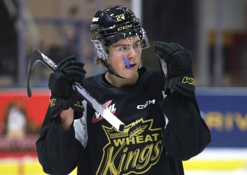 Brandon Wheat Kings defenceman Luke Shipley adjusts his helmet at practice at Westoba Place on Thursday. He is the only Wheat King who has played against the Portland Winterhawks this season. (Photos by Perry Bergson/The Brandon Sun)