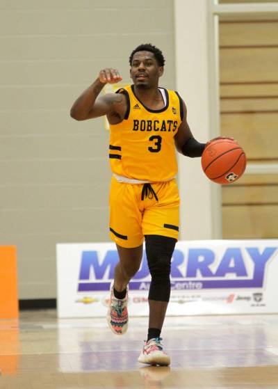 Brandon University Bobcats Khari Ojeda-Harvey calls a play against the UBC Thunderbirds in Canada West men's basketball action at the Healthy Living Centre on Friday. (Thomas Friesen/The Brandon Sun)