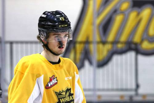 The Brandon Wheat Kings sent veteran 19-year-old forward Jake Chiasson, shown in his final practice in Brandon on Monday, to the Saskatoon Blades for a first-round pick in 2023, a second-round pick in 2025 and a conditional second-round pick in 2026 if he plays as an overager next season. (Perry Bergson/The Brandon Sun)