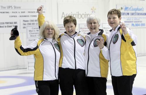 Linda Van Daele, left, Joyce McDougall, Cheryl Orr and Karen Dunbar celebrate after winning the 2011 Canadian Masters Women’s Curling Championship at the Assiniboine Memorial Curling Club in Winnipeg. The rink will be inducted into the Manitoba Curling Hall of Fame on May 7 at the Victoria Inn in Brandon. (Winnipeg Free Press files)