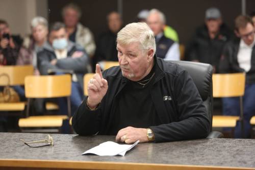 Fred Gilbert, owner of Fred Gilbert Trucking and gravel pits in the RM of Cornwallis, makes his point during a council meeting Tuesday evening. Gilbert was there to speak against a move by the municipality to increase aggregate mining and transport fees. (Ian Hitchen/The Brandon Sun)