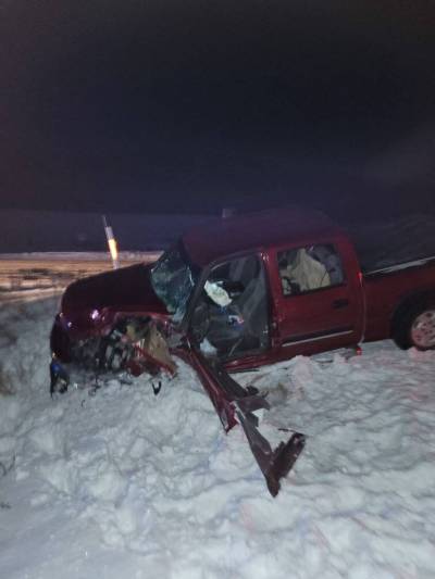 Shown here is the wreck of the 2006 Chevy Silverado 1500 that was driven by Lorna Blight, wife of former Brandon city councillor Murray Blight. He is asking witnesses to the crash that injured his wife to step forward. (Submitted).