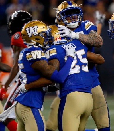 Canadian defensive back Tyrell Ford has signed a deal with the NFL's Green Bay Packers. Ford, 24, spent last season with the Winnipeg Blue Bombers. Ford (25), Demerio Houston (35) and Mike Miller (24) celebrate Ford's game winning tackle against the Ottawa Redblacks during the second half of CFL action in Winnipeg, on June 10, 2022. THE CANADIAN PRESS/John Woods