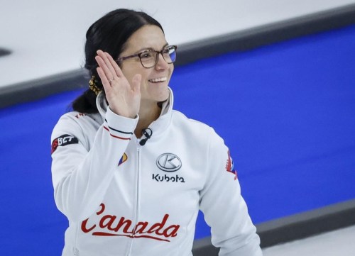 Canada skip Kerri Einarson celebrates winning the women's bronze medal game against the United States at the Pan Continental Curling Championships in Calgary, Alta., Sunday, Nov. 6, 2022. THE CANADIAN PRESS/Jeff McIntosh