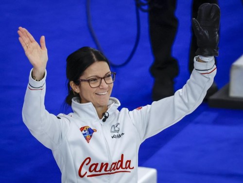 Canada skip Kerri Einarson celebrates winning the women's bronze medal game against the United States at the Pan Continental Curling Championships in Calgary, Alta., Sunday, Nov. 6, 2022. THE CANADIAN PRESS/Jeff McIntosh