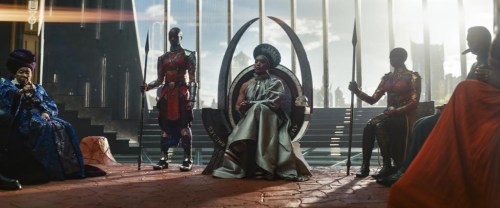 FILE - This image released by Marvel Studios shows, from left, Dorothy Steel as Merchant Tribe Elder, Florence Kasumba as Ayo, Angela Bassett as Ramonda, and Danai Gurira as Okoye in a scene from 